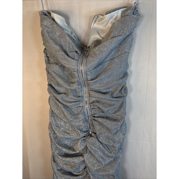 Fashion Nova Strapless Blue Silver Ruched Dress Size Large Preowned - Picture 6 of 11